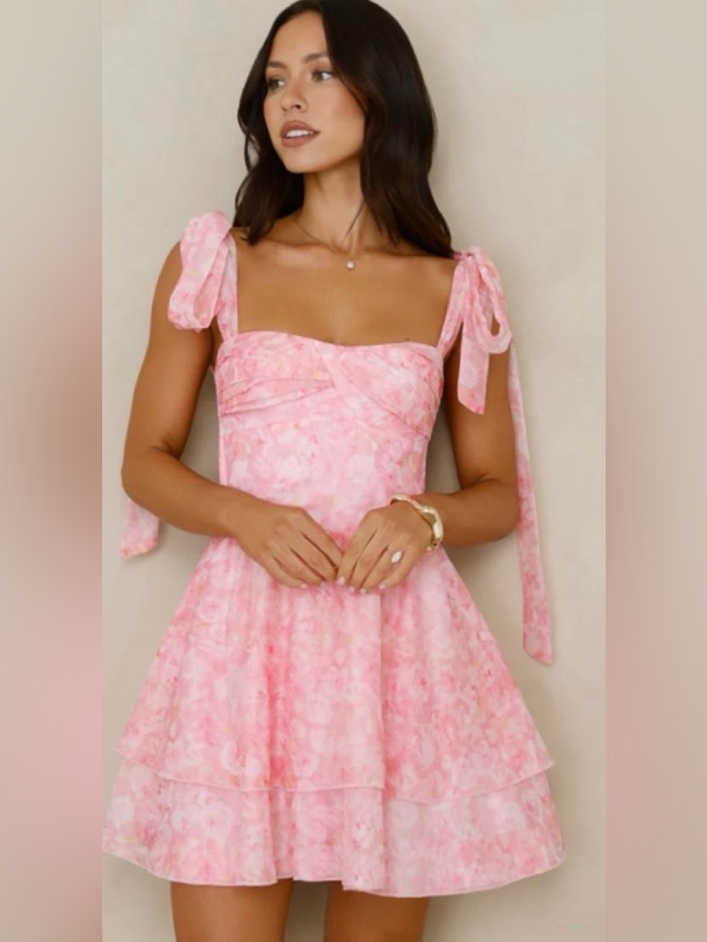 NWT Hello Molly Soft Sunshine Floral Pink Tie-Shoulder Open Back Mini Dress Med